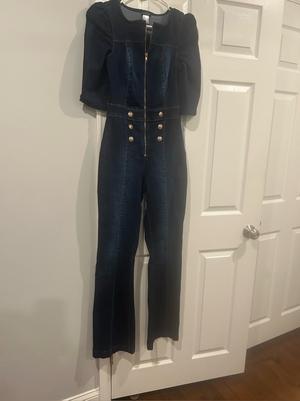 Dark Wash Denim Jumpsuit with Gold Buttons